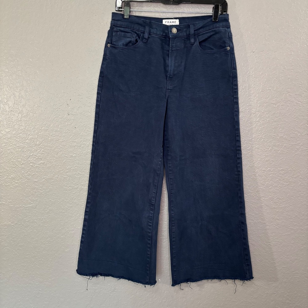 Frame Denim Le Palazzo Crop Navy Blue Wide Leg Raw Hem Jeans Size 28 - Picture 2 of 6